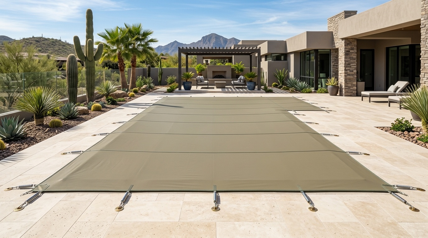 GLI HyperLite Solid Pool Safety Cover Installed on Desert Pool