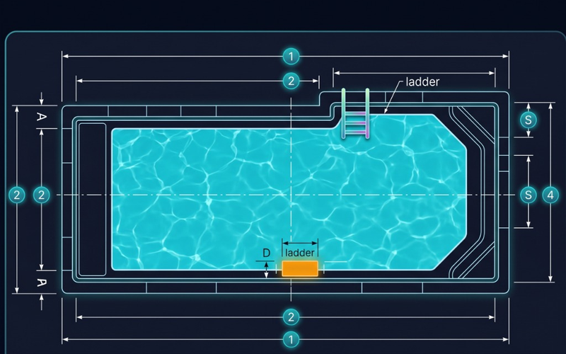 Measuring Blueprint Guide for Regular Shaped Pools with Ladder and Rail Cutouts