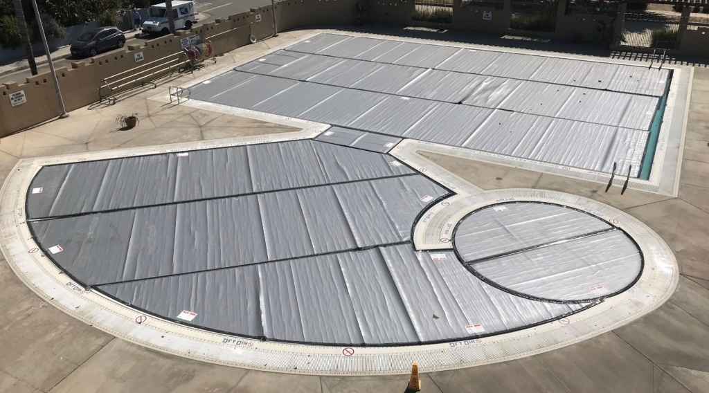 Aerial View of Multi-Panel Custom Freeform Thermal Pool Cover with Spa Cutouts