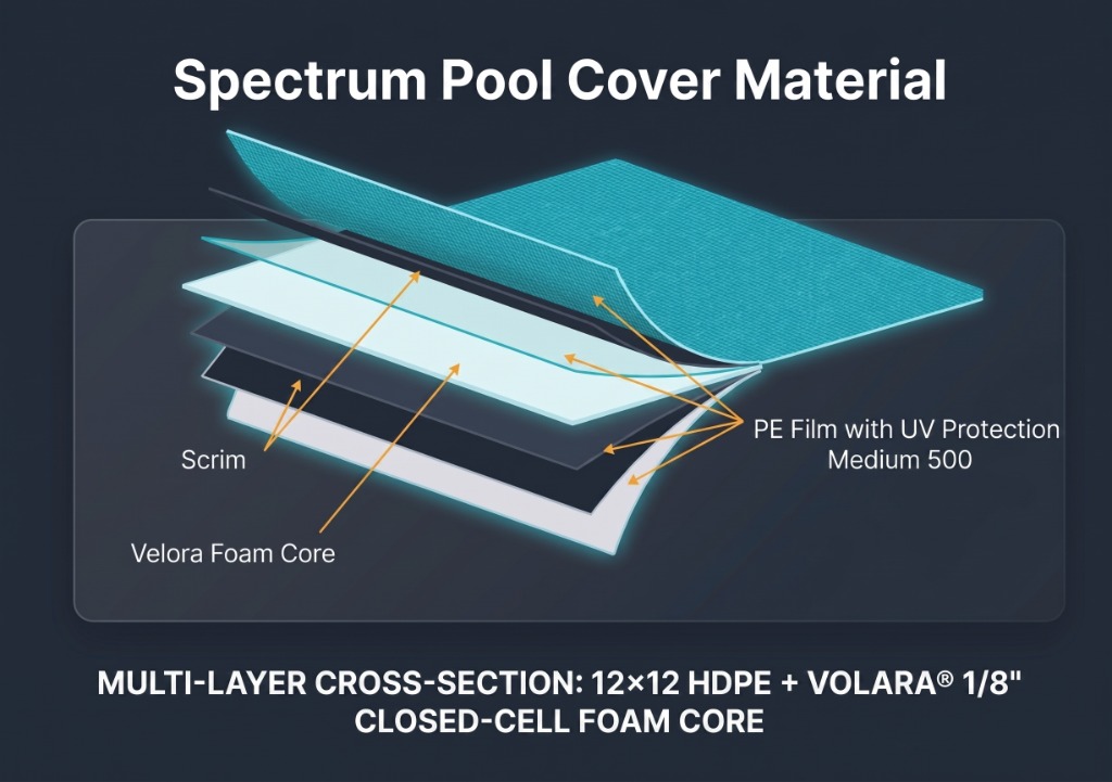 Spectrum Pool Cover Material 3D Exploded Cross-Section: PE Film with UV Protection, Scrim, and Volara Closed-Cell Foam Core